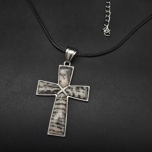 Pink Zebra Jasper Cross Pendant Necklace on Black Cord - Picture 5 of 10